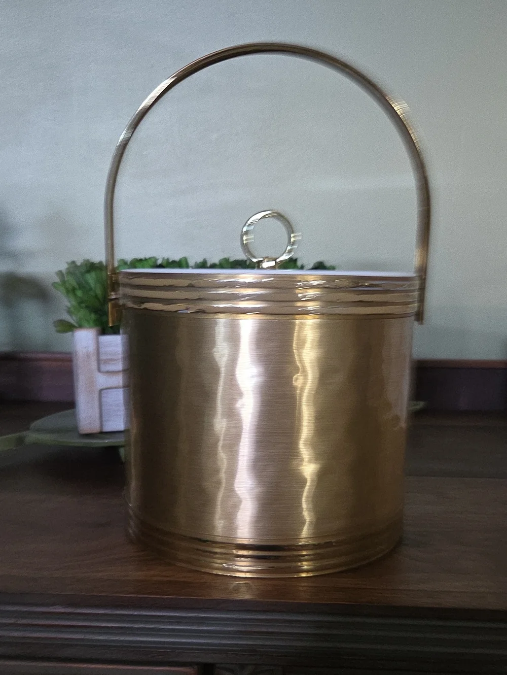 Mid Century Modern Brushed Gold Insulated Ice Bucket Acrylic Lid Retro Barware